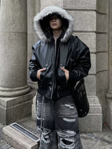 fur hood PU leather jacket nc0192